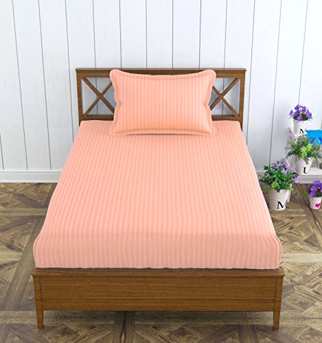 Image of Trance Home Linen 100% Cotton 72x30 inch Single Fitted 200TC Satin Stripe Elastic Fitted Bedsheet | Single Bed Size Daily use Fitted Bedspread with 1 Pillow Covers (72 inchx30 inch | 6x2.5 feet,Peach)