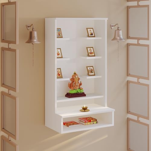 Image of BLUEWUD Shubh Mini Wall Mount Wooden Mandir for Home, Temple for Home, Pooja Stand with Storage Shelves for Idold & Frames, Compact Mandir Temple Unit for Shops & Office (DIY - White)