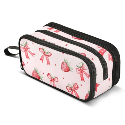 Image of ALAZA Strawberries Bows Pink Pencil Case Large Capacity Pencil Pouch with 3 Compartments Stationery Case Pen Bag for Boys Girls Kids Adults School Office