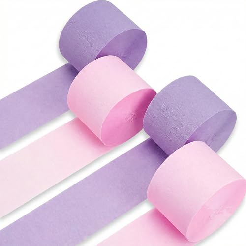 Pink and Purple Crepe Paper Streamers 4 Rolls 328ft Pack of Party Streamers for Mothers Day Decorations Crepe Paper for Birthday Wedding Easter Party Decorations (1.8 Inch x 82 Ft/Roll)