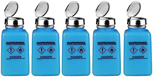 Menda 35735 One Touch Liquid Dispenser Pump Bottle, Isopropanol Printed, HCS Label, ESD Safe, 6 oz. Dissipative, HDPE/Stainless Steel, Blue (5-(Pack))