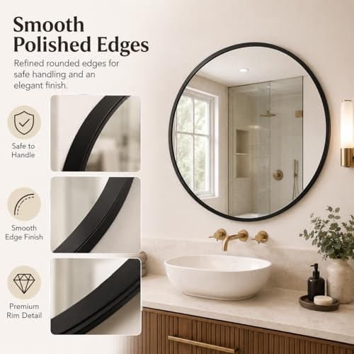 Image of Plantex Aluminium Frame Mirror for Wall /Mirror for Bathroom /Round Mirror for Bathroom /Wall Mount Mirror for Bedroom /Dressing Room /Living Room /Entryway - Shatterproof Mirror (24inch-Brushed Black)