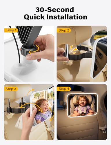 Image of TAZENI Baby Car Mirror - LED Light Baby Car Seat Mirror for Rear Facing with 175 Wide Clear View Anti-Glare, 360 Rotation, Shatterproof, Crash Tested, Safety & Easy Install, espejo para carro bebe