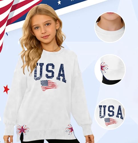 Image of Ithalt Kids USA Sweatshirt Boys Girls 4th of July Shirt American Patriotic Pullover with Embroidered Side Slits 5-14y