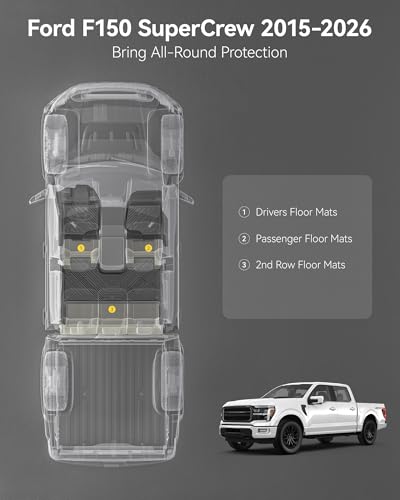 Image of 3W Floor Mats Fit for 2015-2025 2026 Ford F150 / F-150 Lightning SuperCrew Cab, TPE All Weather Heavy Duty Floor Liner Custom Fit Accessories Car Liners (with Original Folding Under-Seat Storage Box)