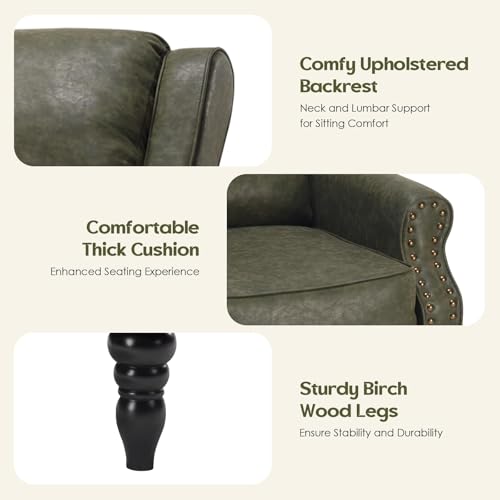 Image of Leather Recliner Chair, Pushback Recliner Chair with Adjustable Backrest Footrest, Mid Modern Reclining with Overstuffed Arms Lumbar Support for Reading, Living Room, Green