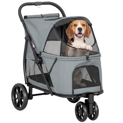PawHut Carrello pieghevole per cani, passeggino per cani di taglia media con 3 ruote, finestre in rete, cuscino lavabile, tasca, cinture di sicurezza, freni, fuoristrada, carico 20 kg, 92x63x95 cm,