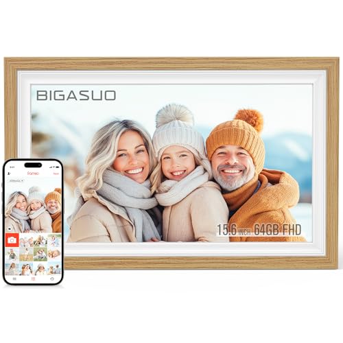 64GB 15.6 Inch Frameo Digital Picture Frame White and Wood, Large Electronic Photo Frames WiFi 1920 x 1080 IPS FHD Touch Screen, Send Photos from Your Phone from Anywhere, Best Gifts