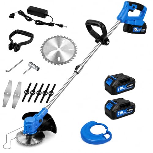 Decespugliatore A Batteria 21V Resistente - Tripla Funzione In 1 - Leggero E Silenzioso - Compreso Di Lame - Motore 10000 Rpm - Tagliaerba A Batteria Cordless Per Giardino, Prato, Bordi E Aiuole-image