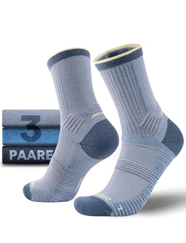 Juclise Sommer Dünn Coolmax Merino Wandersocken Kompression Anti Blasen Gepolstert Anti-Schweiß Atmungsaktiv Trekkingsocken Herren (DE/NL/SE/PL, Numerisch, 42, 47, Heller Denim + Denim + Eclipse)