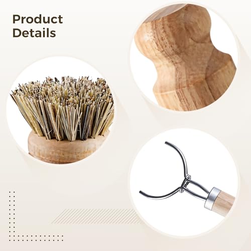 Image of 6 PCS Dish Brush with Handle Set, Wooden Handle with 3 Replaceable Bristle Heads, Bamboo Brush for Dishes with Metal Dry Rack for Kitchen Cleaning Tasks