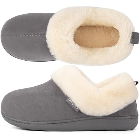 FamilyFairy Women Memory Foam Bootie Slippers, Warm Cozy Micro Suede Slipper Boots with Fuzzy Plush Lining and Collar, Winter Non Slip House Shoes for Indoor Outdoor Gray, 5-6 Cover