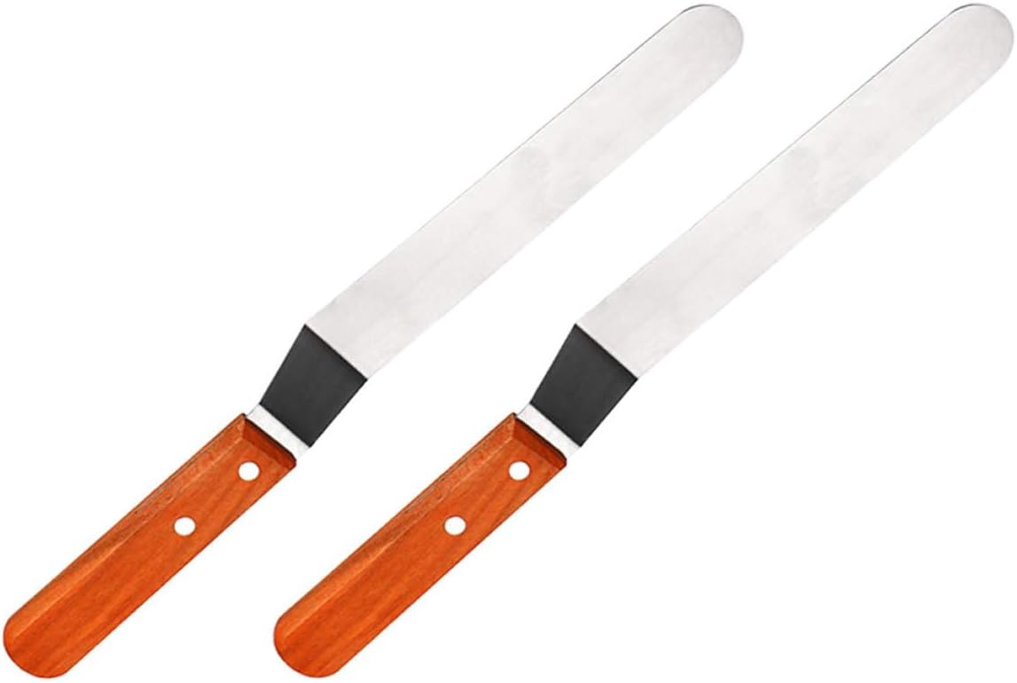 SECFOU 2pcs Stainless Steel Cream Butter Spatula Set with Red Wood Non-slip Handle, 6-inch Angled Icing and Cake Decorating Spatulas for Baking and Frosting