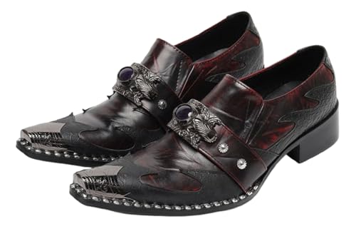 Santimon Men’s Slip On Leather Loafers with Metal Toe & Dragon Jewel Buckle – Vintage Punk Dress Casual Gothic Flame Shoes for Wedding, Party, Stage