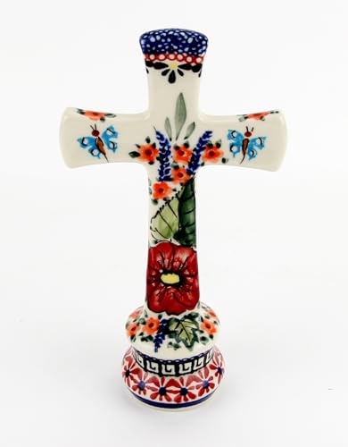 Polish Pottery Market Standing Cross – Handcrafted by Zaklady Boleslawiec Poland - Hand-Painted Unikat Polish Stoneware