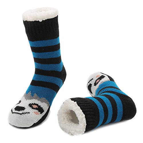 MaaMgic- Calcetines Antideslizante Niño Niña de Invierno Calcetines de Casa Cálidos con Forro Polar para Navidad Divertidos,Mono Azul Negro,9-12 años