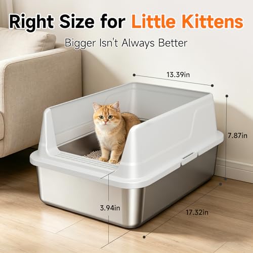Tevila Stainless Steel Litter Box with High Sides, Small Metal Litter Box for Kittens & Senior Cats, Open Top Low Entry Non-Stick Easy Clean with Scoop, Gray