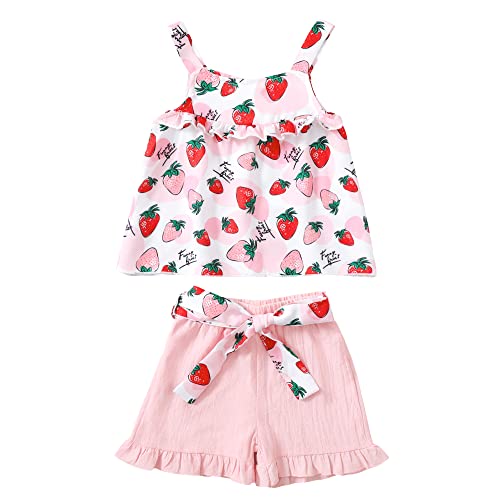 Toddler Baby Girl Clothes Kids Summer Shorts Outfit Fruit Halter Tank Tops Ruffle Pants + Cute Belt 3pcs Set (Pink Strawberry, 2T-3T)