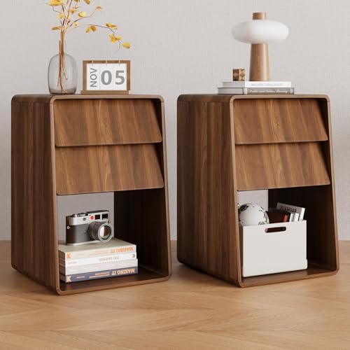 Small Nightstand Set of 2, Wood Bedside Table, Mid Century Modern Night Stand with Slanted 2 Drawers, Wooden Bed Side Table with Storage, Walnut End Table for Bedroom, Boho, Vintage