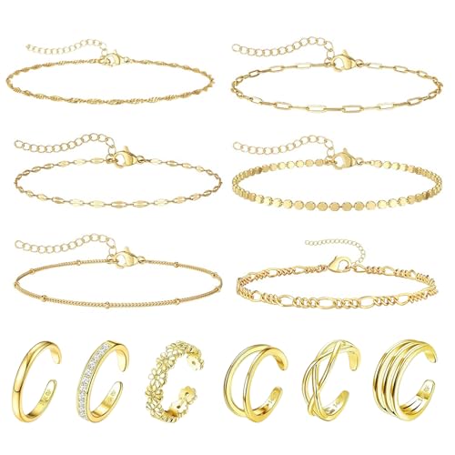HTTDSLF 12 Stück Zehenringe Gold Gefüllte Zehenringe für Damen Fußketten für Damen Offenen Verstellbar Zehenring Sommer Strand Fußschmuck