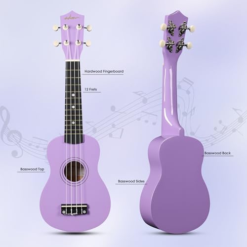 Image of ADM Ukulele for Beginners Hawaiian Wood Ukelele Kit for Kids Adult Student Starter Professional Ukalelee Pack Bundle with Free Lessons Gig Bag Strap Nylon String Tuner (Light Purple, 21 Inch)