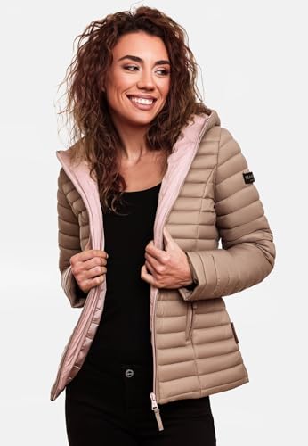 MARIKOO Damen Steppjacke Übergangsjacke gesteppte Jacke mit Kapuze Frühjahr Stepp B857 [B857-Asr-Taupe-Gr.XS]