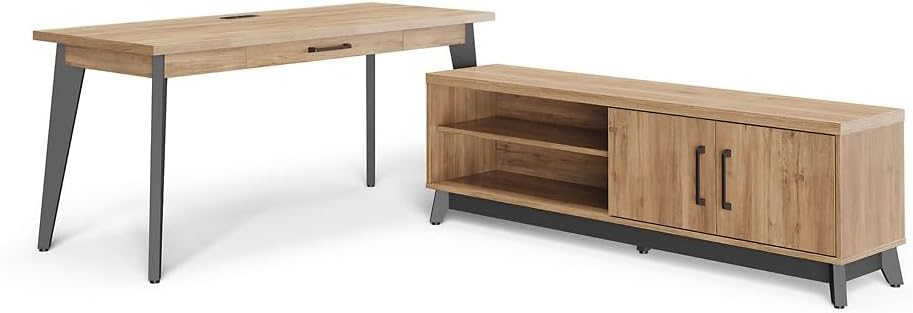 NBF Writing Desk and Low Credenza Set Monarca/Black Base, Adjustable Desk with Drawers, USB Outlet, Sliding Door Credenza for Office Storage