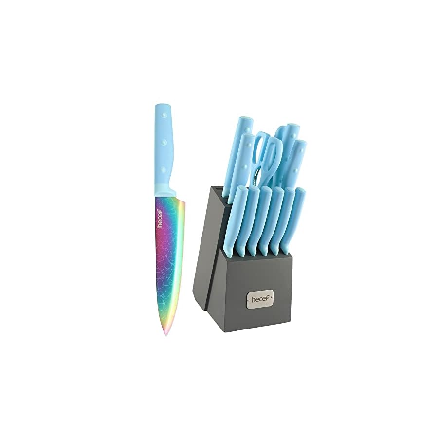 hecef-14-Pieces-Knife-Set-with-Block-Rainbow-Titanium-Knives-Set-with-Laser-Pattern-Martensitic-Stainless-Steel-Chef-Knife-Set-with-Sharpener-Steak-Knife-ScissorsBlue hecef 14 Pieces Knife Set with Block, Rainbow Titanium Knives Set with Laser Pattern, Martensitic Stainless Steel Chef Knife Set with Sharpener, Steak Knife, Scissors, Mothers Day Gift