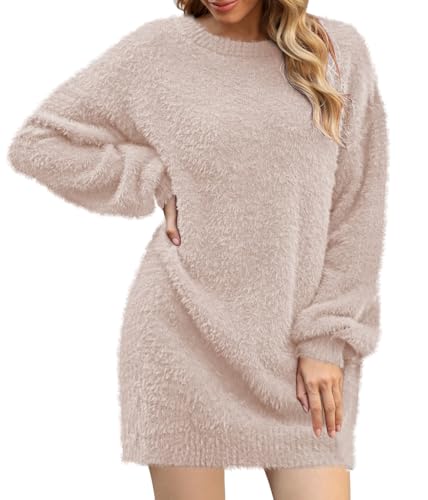 Meenew Women's Furry Pullover Sweater Dress Loose Oversized Long Knitted Tops