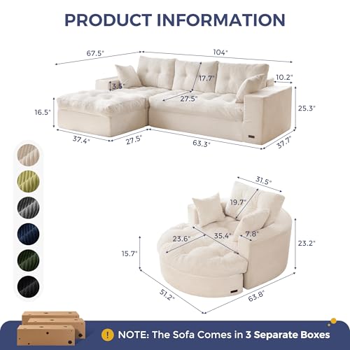 Image of MAXYOYO L Shape Sectional Sofa Couch and Round Chaise Lounge, Modern Cloud Couch with Ottoman, Comfy Sofa with Layered Cushion, Tufted Upholstered Sleeper Chair for Living Room, No Assembly Required