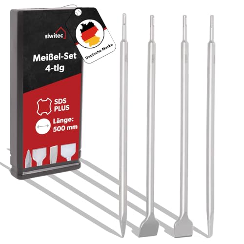 siwitec SDS Plus Meißelset 4-teilig – 1x Spitzmeißel, 1x Flachmeißel, 1x Breimeißel 1x Fliesenmeißel 500 mm lang, Meißel SDS PLUS, Schlagfest für Beton, Mauerwerk & Fliesen