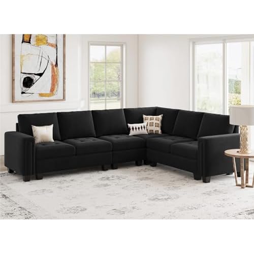 Belffin Modular Sectional Sofa L Shaped Couch with Reversible Chaises 6-Seater Convertible Sectional Sofa Couch Velvet Corner Sofa Black 6-seater sofa