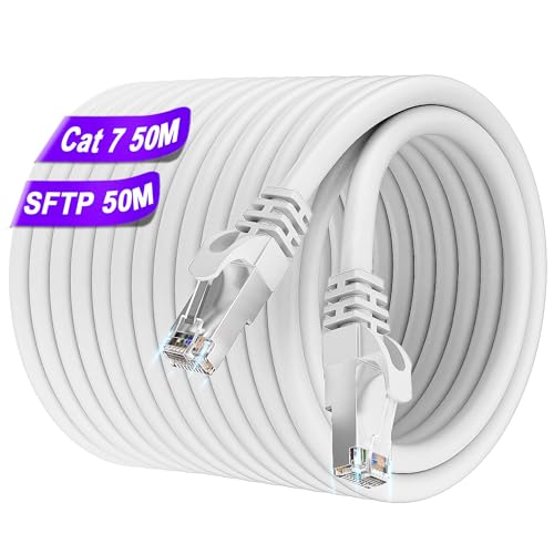 Soibke LAN Kabel 50 Meter Netzwerkkabel 50m Cat 7 Wlan Kabel 10Gbps 600MHz Geschirmt S/FTP Ethernet Weiß Hochgeschwindigkeits Outdoor Patch Gigabit RJ45 Internet für Router Modem