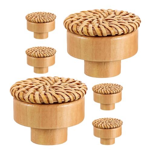 KONTONTY 6 Tiradores de Cajón Redondos de Madera y Ratán Tejidos con Tornillos, Estilo Bohemio, Uso Versátil y Agarre Cómodo para Muebles y Cocina
