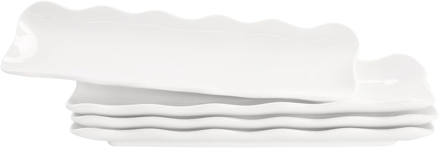 Olive Plate Set of 4, Dried Fruits Tray,Biscuit Olive Platter, Chip Resistant, White Porcelain Olive Canoe, Dishwasher Safe, for Snacks,Mousse Cake,Tiramisu,Sushi,Appetizers 12 Inch