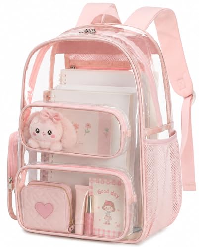 Image of BTOOP Clear Backpack Heavy Duty Transparent Backpack 17 inch See Through Bookbag for College Work Festival Security Padded Strap (Pink)