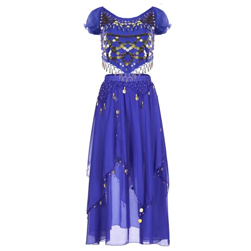 Baisdan Conjunto de disfraz de danza del vientre para mujer, top corto con lentejuelas y falda de gasa para danza del vientre, trajes de carnaval, azul oscuro, Altoa única