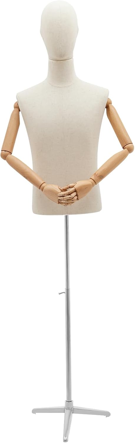 Male Mannequin Dress Form Posable Male Clothing Mannequin Torso Fashion Dress Form Display (Size: M) 53"~76" H Adjustable with Head & Wood Arms for Clothing Retail Sewing Shop (Linen+Silver)