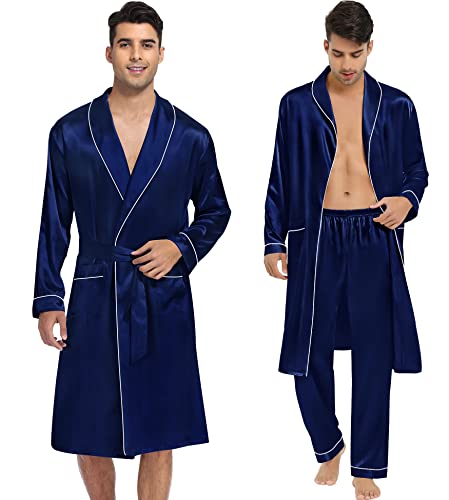 Swomog 3 Pcs Men's Satin Robes With Shorts And Pants Set Lightweight Sleepwear Silky Kimono Bathrobe #TOP2