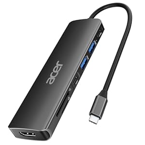 Acer USB C Hub, 7-in-1 USB-C zu HDMI Splitter, 2 USB 3.1 GEN1 und 5 Gbps Typ-C Datenanschluss, 4K HDMI-Anschluss, PD 100W-Ladung, SD-Kartenleser, für iPad Pro, MacBook Pro, Acer Laptops (Schwarz)