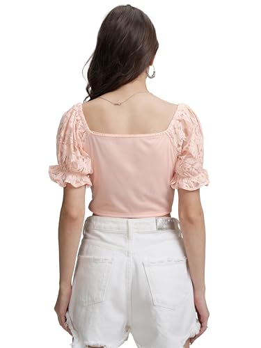 Image of Tokyo Talkies Women's Self Design Print Crop Top | Square Neck | Bishop Sleeves | Chic & Feminine | Tops for Woman | Women Tops | Women Crop Top