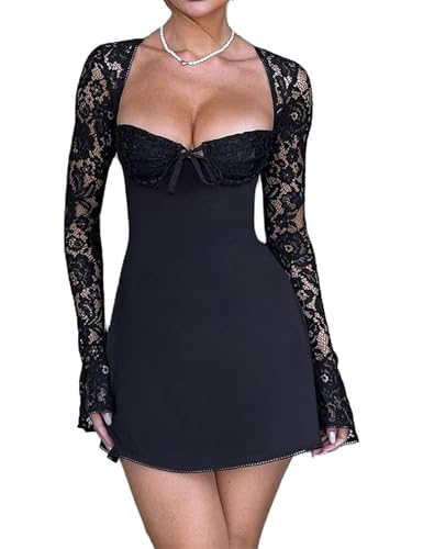 Women 's Elegant Bodycon Dress Lace Patchwork Long Sleeve Low Cut Mini Dress Backless Tie-up Going Out Dress
