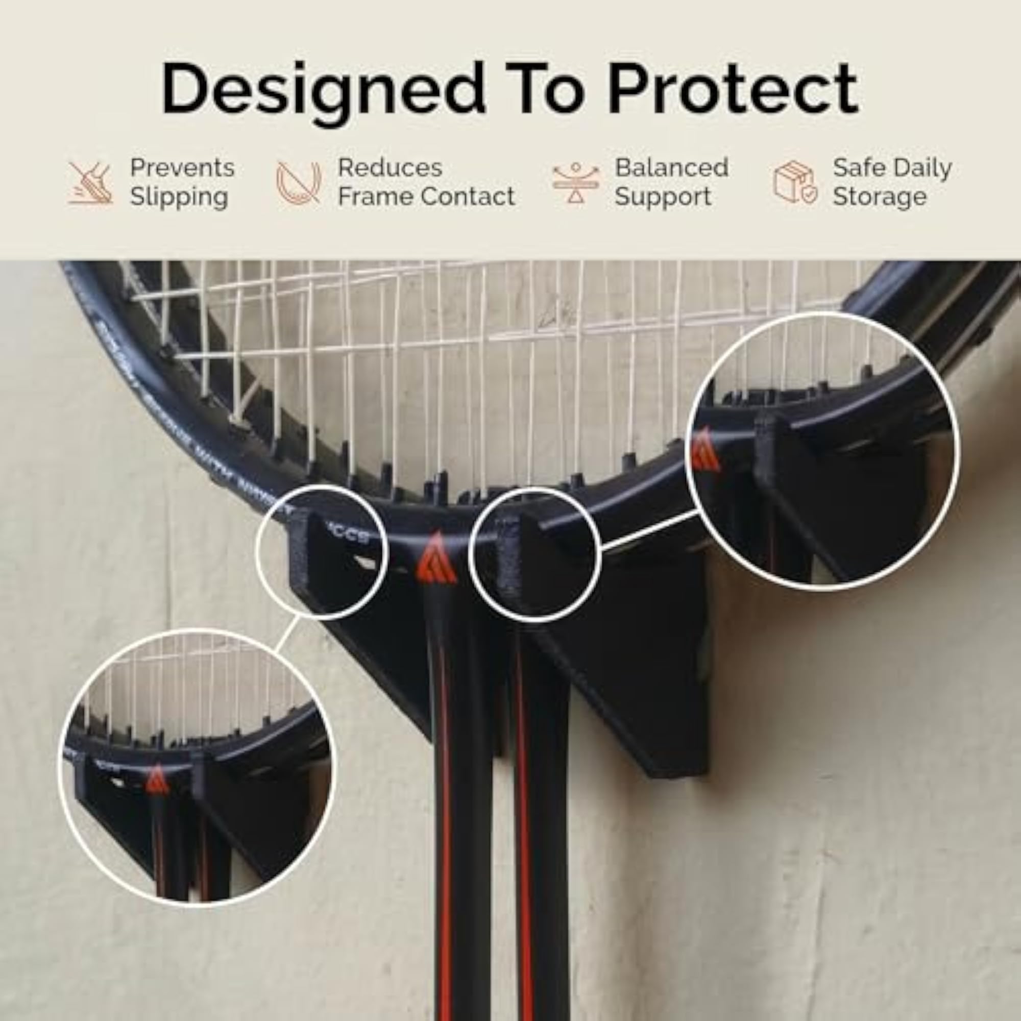 Badminton Racket Wall Mount Holder for 2 Racquets