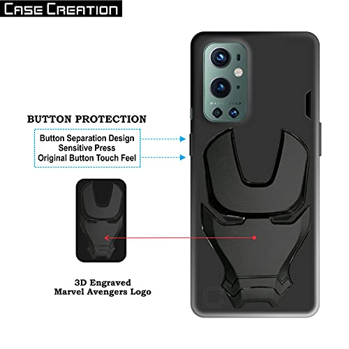 Image of COVERLY Official 3D Touch Feel Trending Real Hero Avengers Logo Mask soft Rugged Grip TPU silicone Iron Man Super Power Cartoon Movie Engraved Silicone Matte Strong back cover for Oneplus 9 Pro -Black