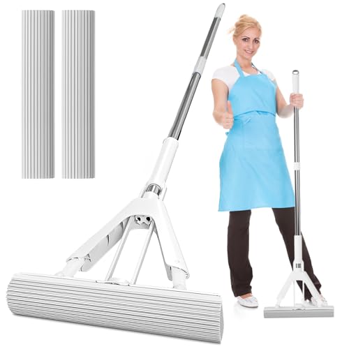 SHASUXTING Sponge Mop Absorbent Roller Foam Mop with 50.39inch Extendable Handle and 2 Sponge Heads Self Wringing Mop Adjustable Cleaning Wet Mop for Hardwood Tile Kitchen Bathroom