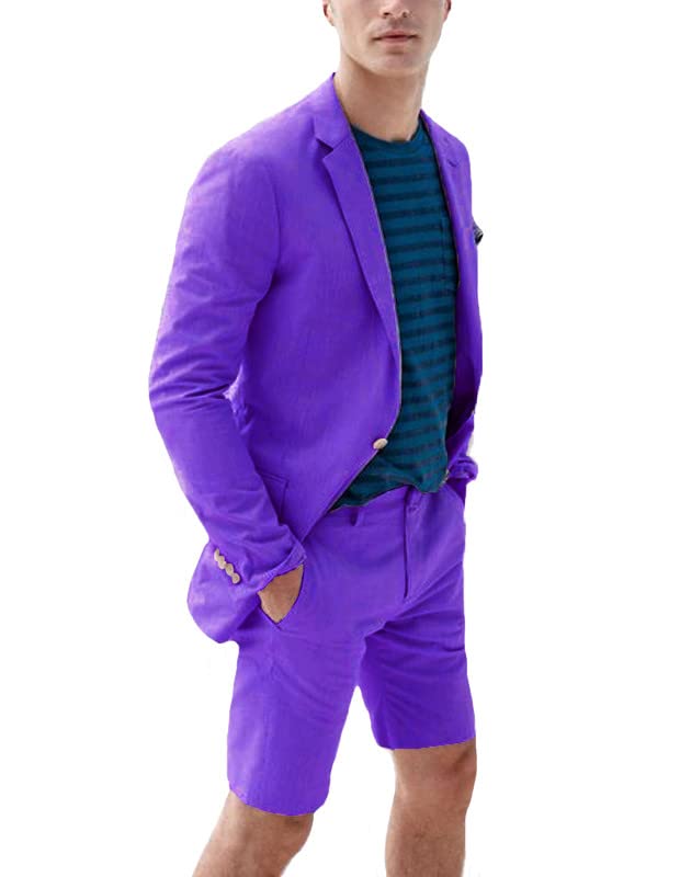 Men Linen Suits Sets for Beach Wedding 2 Piece Tuxedo Blazer & Shorts Set for Big and Tall JXZ0213