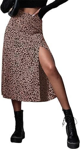 Avanova Women’s Boho Leopard Print Thigh High Waist A Line Split Midi Skirt