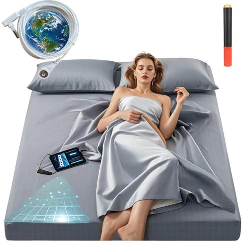 Grounding Sheets King Size 20% Pure Silver Fiber + 80% Organic Cotton Grounded Sheet Earth Connected Bedding Fitted Earth Sheets with Grounding Cord