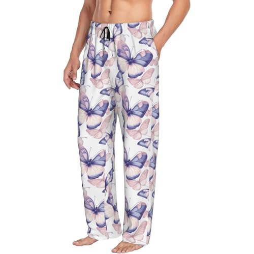 Mens Pajama Pants - Pink Butterfly Print Soft Sleep Lounge Pants For Men, Casual Pj Bottoms With Pockets
