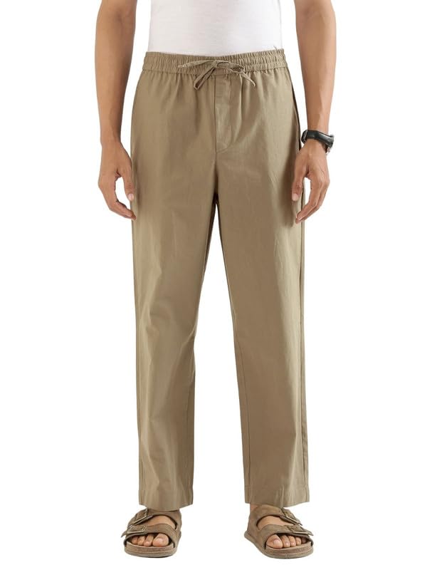 Image of SAADAA Men's 100% Cotton Pants | Mid-Rise Straight Fit Casual Trousers with Elastic Waistband and 3 Pockets | Everyday Wear